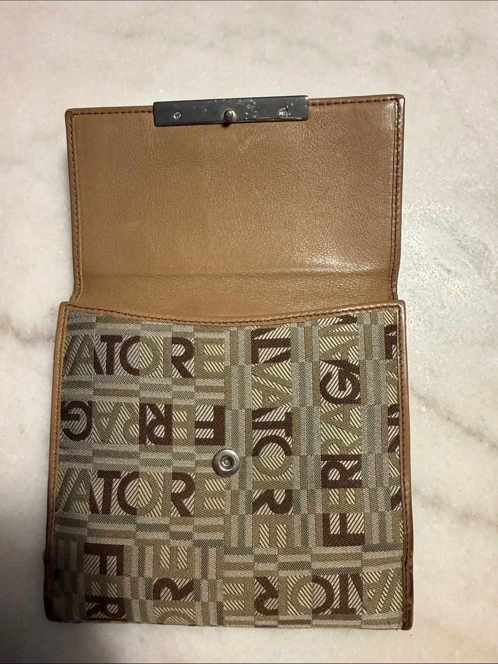 Salvatore Ferragamo Beige and Brown Logo Canvas Wallet with Leather Trim